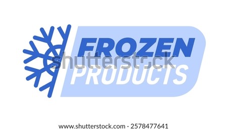 Snowflake icon and bold blue Frozen Products text on a light blue and white background. Flat style, emphasizing cold, freshness, and frozen food concept. Vector illustration.