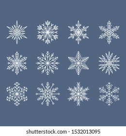 Snowflake icon. Christmas and winter theme. Simple flat white illustration on a blue background.