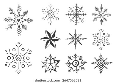 Colección de icono de copo de nieve. Escamas congeladas y forma de estrella en estilo de tinta dibujada a mano. Símbolo de nieve de invierno para la celebración de diciembre. Gráfico decorativo blanco para Navidad, tarjeta de vacaciones y temporada de frío.

