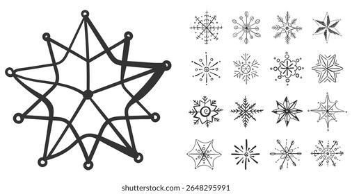 Colección de icono de copo de nieve. Escamas congeladas y forma de estrella en estilo de tinta dibujada a mano. Símbolo de nieve de invierno para la celebración de diciembre. Gráfico decorativo blanco para Navidad, tarjeta de vacaciones y temporada de frío.

