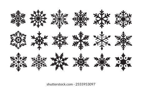 A snowflake icon collection with intricate designs for winter holiday decor. Ideal for festive digital and print projects.