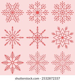 Snowflake icon collection isolated on red pink color. Christmas ornament set for decoration. Snowflake flat symbol for Christmas seasoning.