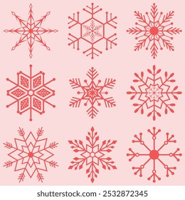 Snowflake icon collection isolated on red pink color. Christmas ornament set for decoration. Snowflake flat symbol for Christmas seasoning.