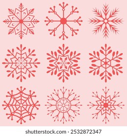 Colección del icono del copo de nieve aislada en color rosa rojo. Conjunto de adornos de Navidades para decoración. Símbolo plano de copo de nieve para sazonar Navidades.