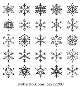 Snowflake icon collection isolated on white background. Winter symbols. Christmas decorative elements. New year card ornament. Snowflakes silhouette. Geometric snowflakes set. Vector illustration