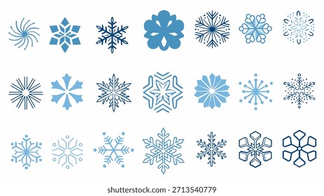 Snowflake icon collection in minimal flat style for winter and holiday themes. Perfect for seasonal graphics, Christmas designs, patterns, backgrounds, and festive decorations.