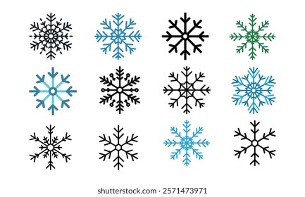 Snowflake icon collection in multiple styles, A set of 12 snowflake icons in various designs and colors, representing winter, cold, and seasonal themes with intricate patterns. 