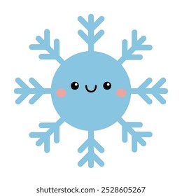 Icono de copo de nieve. Caricatura linda kawaii personaje divertido del bebé. Emoción de cara sonriente. Símbolo de signo de invierno. Colección de copos de nieve. Color azul. Estilo infantil. Diseño plano. El fondo blanco. Aislado. Vector