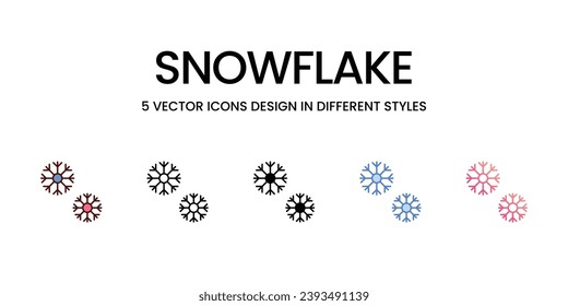 Diseño de iconos copos de nieve en estilo Cinco con pulsación editable. Línea, Sólido, Línea plana, Color de tono Duo y Línea de degradado de color. Adecuado para diseño de páginas Web, aplicaciones móviles, UI, UX y GUI.
