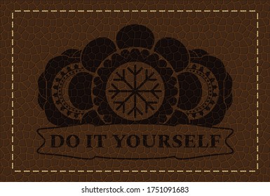 Snowflake icon and Do It Yourself text brown leather realistic badge. Wallet graceful background. Artistic illustration. 