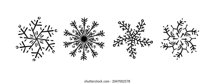 doodle de icono de copo de nieve NEGRO sobre blanco aislado