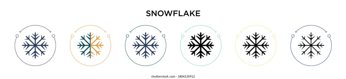 Snowflake icon in filled, thin line, outline and stroke style. Vector illustration of two colored and black snowflake vector icons designs can be used for mobile, ui, web