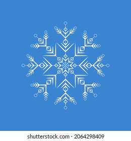 Snowflake icon. Flat style. Symbol of winter, Christmas, New Year holiday. White silhouette  on blue background. Vector illustration.