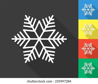 snowflake icon - gray and colored (blue, yellow, red, green) vector illustration with long shadow