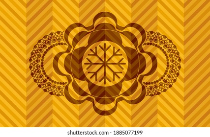 Snowflake icon inside abstract orange color realistic emblem. Geometric chic background. Illustration. 