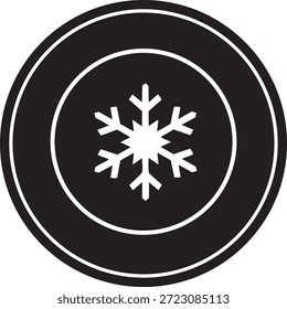 snowflake icon inside a black circular badge representing winter season weather conditions and cold temperature climate