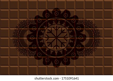 Snowflake icon inside chocolate badge. Brown graceful background. Vector illustration. 