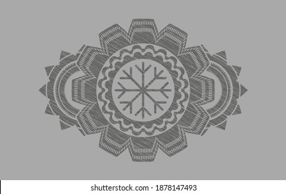 Snowflake icon inside Grey stroke badge. Solid fashionable background. Artistic illustration. 