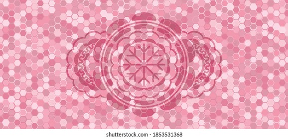 Snowflake icon inside pink color tiles mosaic style pattern realistic badge. Geometric hexagon luxurious background. Intense illustration. 