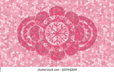 Snowflake icon inside pink color tile mosaic realistic badge. Geometric hexagon chic background. Artistic illustration. 