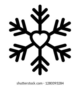 Snowflake icon or logo with heart inside. Christmas and winter theme symbol. Vector and illustration.