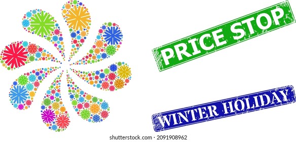 Snowflake icon multi colored explosion bang petals salute composition, and grunge Price Stop stamp seal. Blue Winter Holiday and green Price Stop rectangle grunge seal stamps.