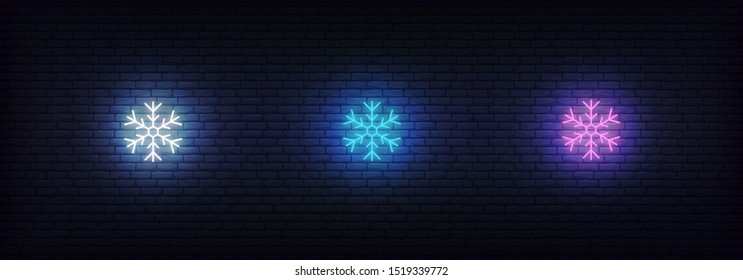 Snowflake icon neon. Set of glowing neon colorful snow icons