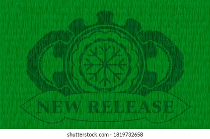 Snowflake icon and New Release text grass emblem. Eco classic background. Vector illustration. 