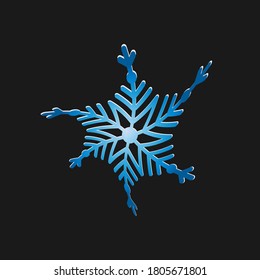 Snowflake icon. New year logo, Christmas, winter season holiday symbol. Twist 3d, blue white color gradient image with shadow, black background. Vector illustration