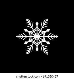 Snowflake icon on black background. Snow flake sign. Silhouette white snowflake. Symbol of winter, decoration and Christmas holiday season. Isolated flat design element. Vector illustration