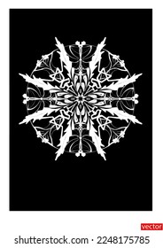 Snowflake icon. One white snowflake on a black background. Black and white pattern. Ornament. Symbol of snow, winter. Design element of New Year, Christmas card, greeting. Symmetrical pattern. Vector