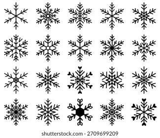 Snowflake-Symbolkonturstil. Schneeflocken-Silhouette. Schneeflocke, Vektorsymbol. Weihnachtsschneeflocken-Symbole einzeln. Satz von Schneeflocken lineares Vektorsymbol. Schnee-Symbole. Schneesymbole Schneeflocken-Symbole.