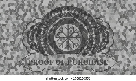 Snowflake icon and proof of purchase text grey color stone wall emblem. Rock handsome background. Artistic illustration. 