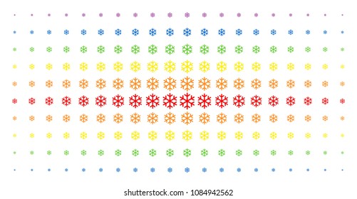 Snowflake icon rainbow colored halftone pattern. Vector snowflake objects are organized into halftone matrix with vertical spectrum gradient. Constructed for backgrounds, covers,