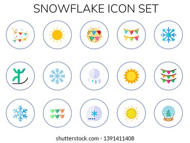 snowflake icon set. 15 flat snowflake icons.  Collection Of - garlands, skiing, sunny, snow ball, garland, winter, snow globe