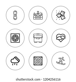 Snowflake icon set. collection of 9 outline snowflake icons with cold water, cooler, freezer, ice, rainy, storm, snowboard icons. editable icons.