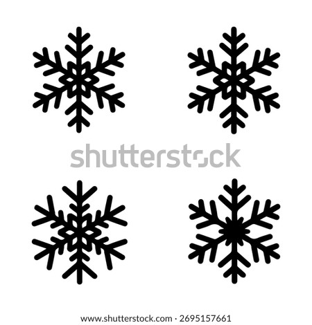 Snowflake icon set. Collection of four different black winter snow flake silhouettes. Simple flat vector illustration for Christmas and holiday design. Isolated on white background.

