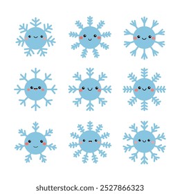 Ícone de floco de neve definido. Bonito desenho animado kawaii personagem de bebê engraçado. Forma diferente, emoções no rosto, sinal. Coleção de flocos de neve. Cor azul. Estilo infantil. Design plano. Fundo branco. Isolado. Vetor