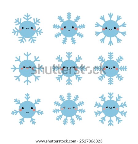 Snowflake icon set. Cute cartoon kawaii funny baby character. Different shape, face emotions, sign. Snowflakes collection. Blue color. Childish style. Flat design. White background. Isolated. Vector