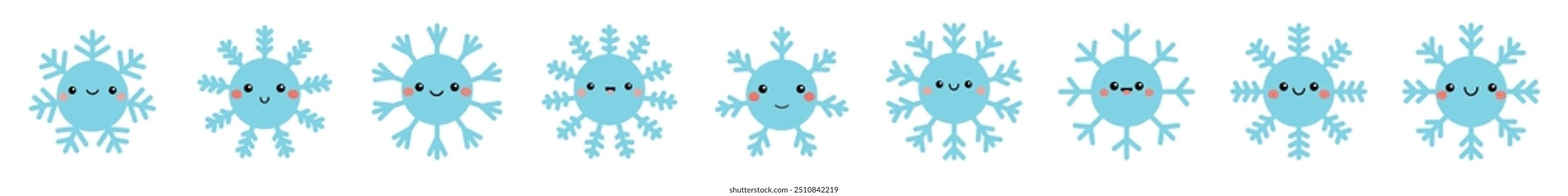 Línea de conjunto de iconos de copo de nieve. Forma diferente, emociones de la cara, signo. Caricatura linda kawaii personaje divertido del bebé. Colección de copos de nieve. Color azul. Estilo infantil. Diseño plano Fondo blanco Vector aislado