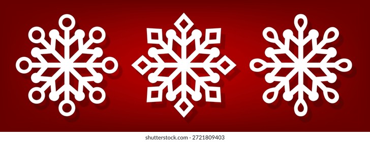 Ícone de floco de neve definido em um fundo vermelho. Ilustração em 3d vetorial.