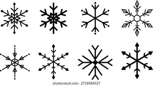 snowflake icon set. silhouette vector illustration. Set of 8 black snowflake icons. Unique winter decoration vector silhouettes.