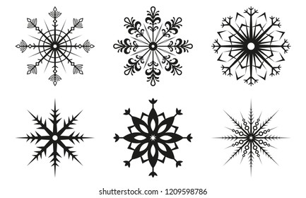 Snowflake icon set. Snow flake silhouettes isolated on white background. Winter and Christmas symbol. Vector illustration.