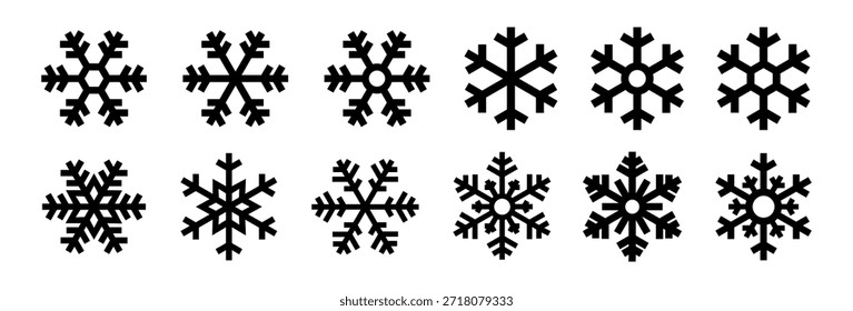 Conjunto de iconos de copo de nieve. Señal de nieve. Símbolo de invierno de copo de nieve. Copos de nieve iconos negros. Navidades de fondo. Icono de invierno. Colección plana de copo de nieve. Embalaje de etiquetas de productos alimenticios congelados. Ilustración vectorial.
