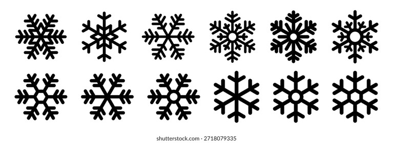 Ícone de floco de neve definido. Sinal de neve. Símbolo de inverno em floco de neve. Flocos de neve em ícones pretos. Fundo de Natal. Ícone de inverno. Coleção plana de flocos de neve. Embalagem congelada do rótulo do produto alimentar. Ilustração de vetor.
