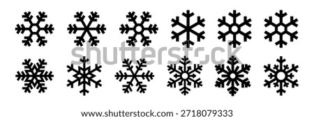 Snowflake icon set. Snow sign. Snowflake winter symbol. Snowflakes black icons. Christmas background. Winter icon. Snowflake flat collection. Frozen food product label packaging. Vector Illustration.