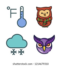 snowflake icon set. vector set about snowing, owl and thermometer icons set.