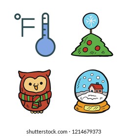 snowflake icon set. vector set about snow globe, owl, thermometer and christmas tree icons set.
