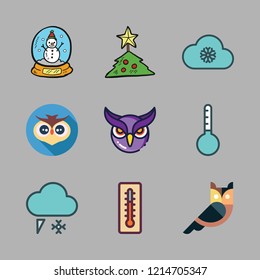 snowflake icon set. vector set about christmas tree, thermometer, snowing and owl icons set.