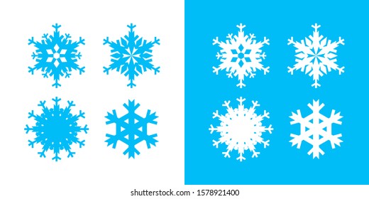 Snowflake icon set white and blue color. Christmas and winter theme. Simple flat graphic abstract illustration on white and blue background.
